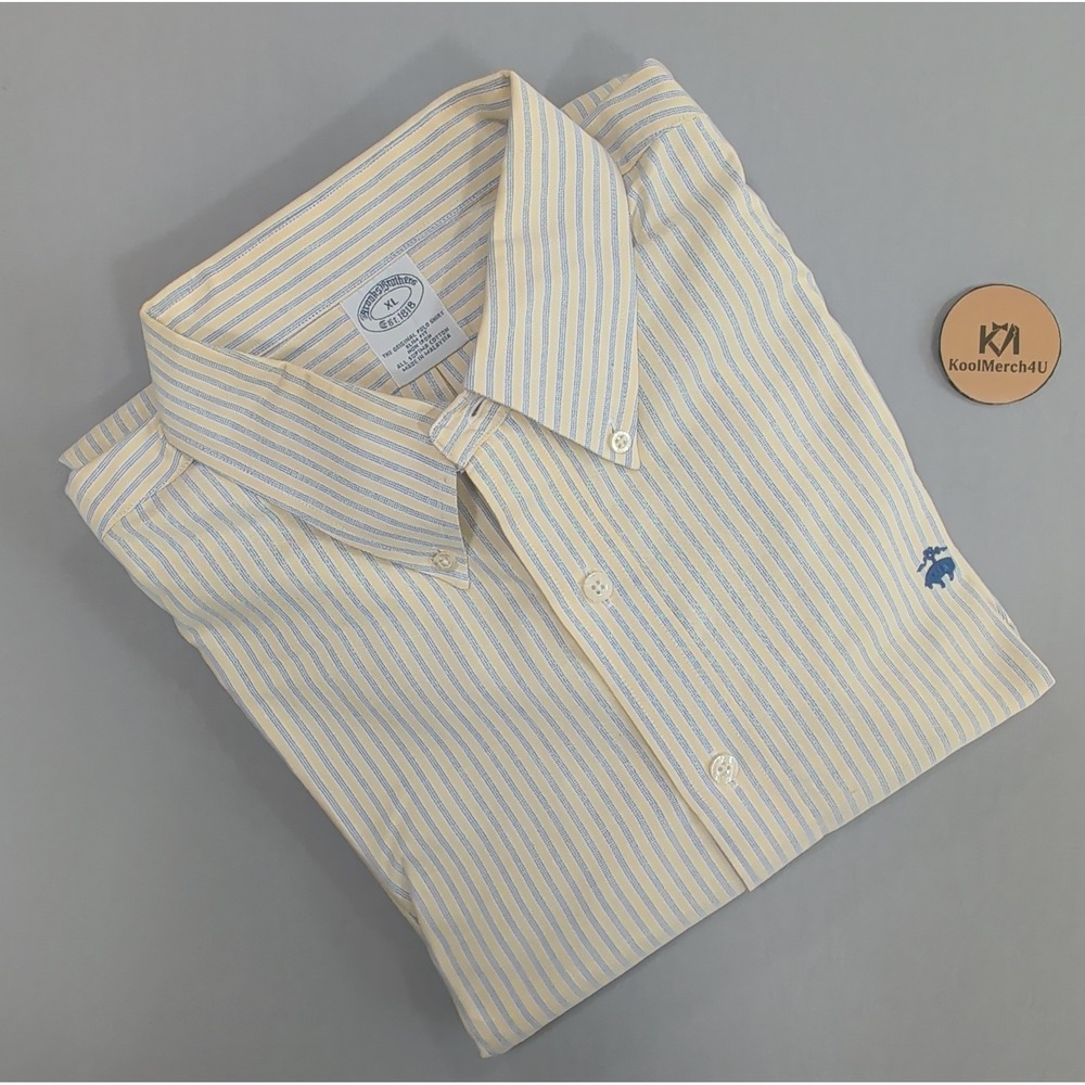Brooks Brothers Mens Slim XL Yellow Blue Striped Supima Cotton Non Iron Shirt
